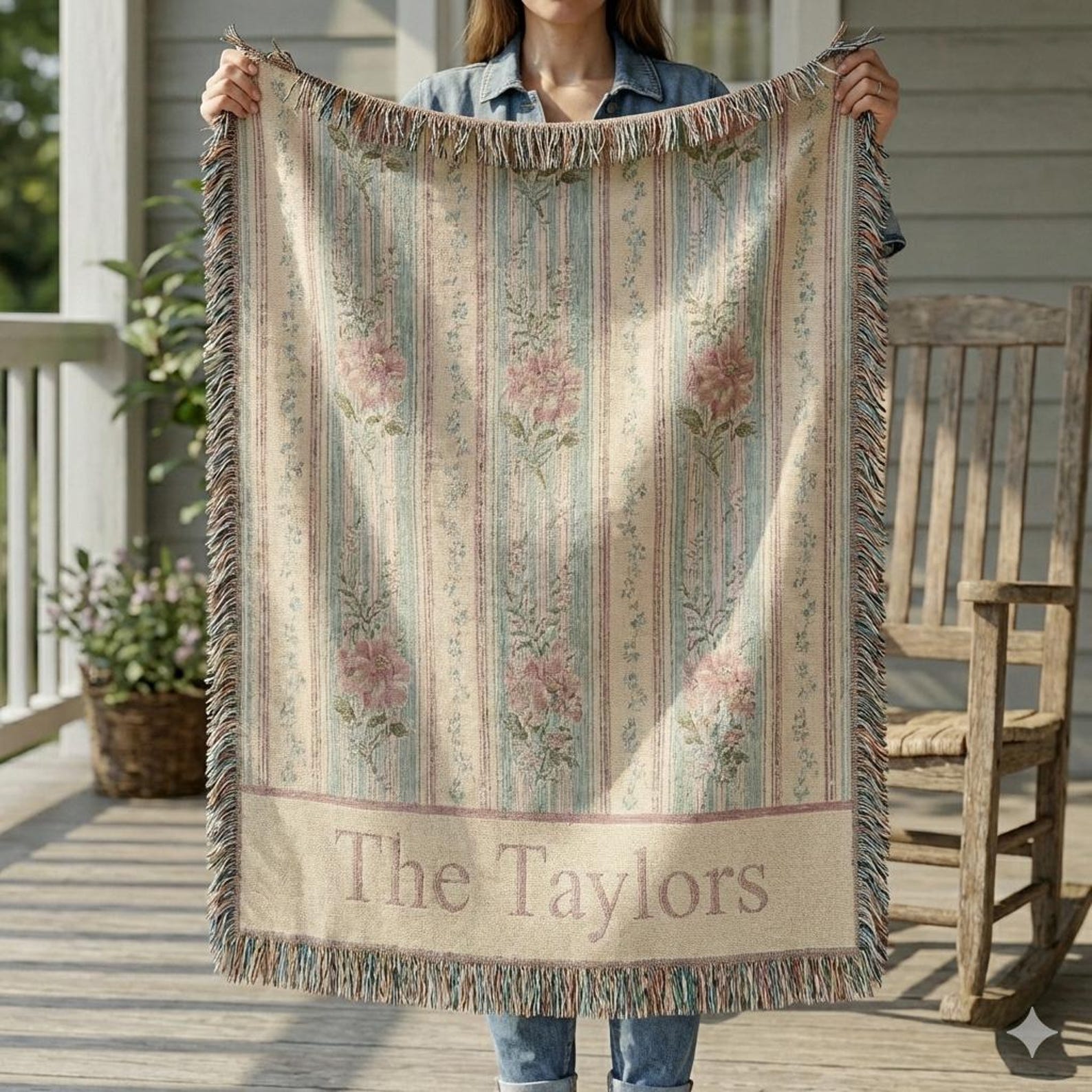 Personalized Woven Cotton Blanket, Cottagecore Floral, Family Name - 80" × 60"