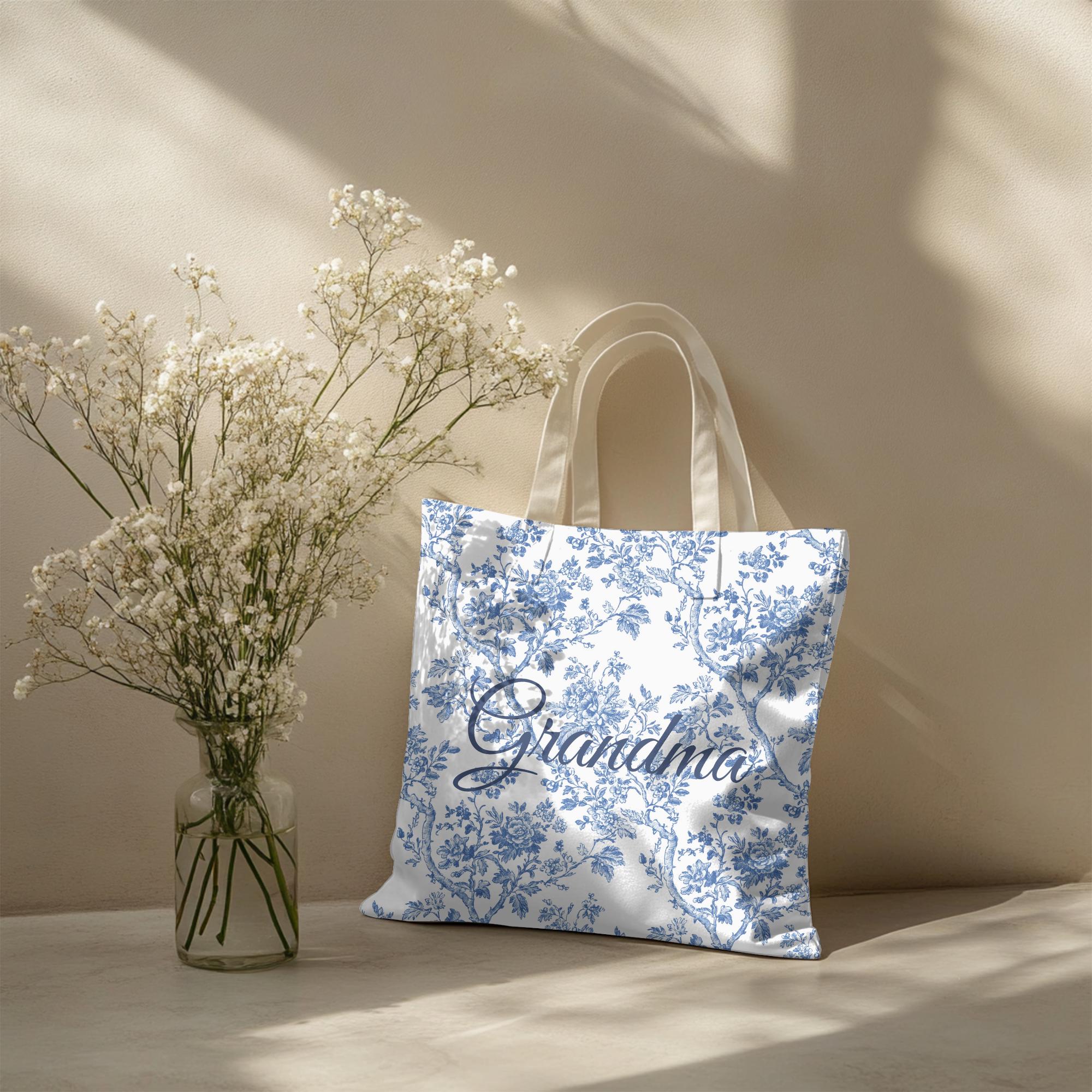Personalized Grandma Tote Bag With Name Blue French Toile Design