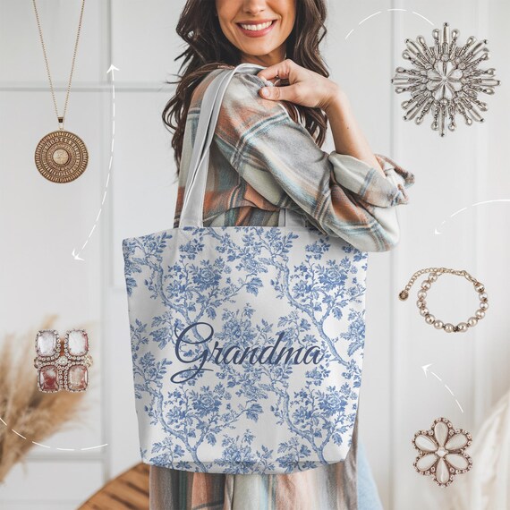 Personalized Grandma Tote Bag With Name Blue French Toile Design 