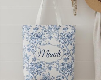Personalized Blue French Toile Tote Bag, Custom Name Gift