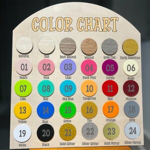 May include: Color chart with 24 different colors, including natural wood, pink, teal, sky blue, red, maroon, yellow, green, tan, orange, grey, white, black, gold glitter, and silver glitter. Each color is represented by a circle with a number from 01 to 24.