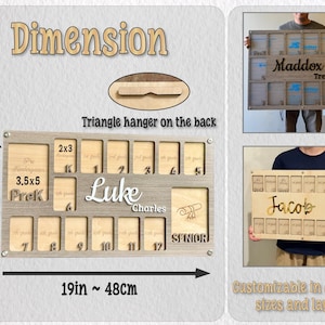 May include: Wooden graduation display board, 11 inches tall and 19 inches wide, with spaces for photos and text. Features the name "Luke" and "Senior" text. Includes a triangle hanger on the back.