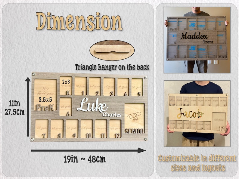 May include: Wooden graduation display board, 11 inches tall and 19 inches wide, with spaces for photos and text. Features the name "Luke" and "Senior" text. Includes a triangle hanger on the back.