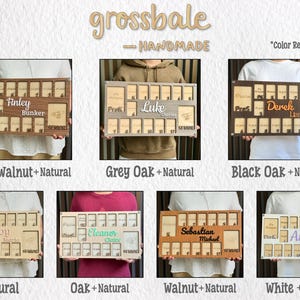 May include: Wooden photo display with multiple small frames and two larger frames, available in various colors. The display includes the text "grossbale - HANDMADE" and the names Finley, Luke, Derek, Abby, Eleanor, Sebastian, and Anna.