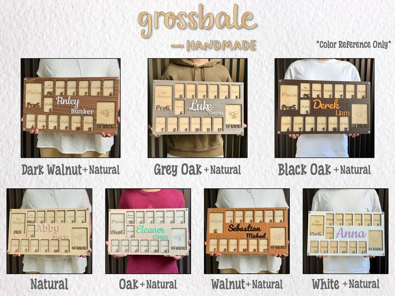 May include: Wooden photo display with multiple small frames and two larger frames, available in various colors. The display includes the text "grossbale - HANDMADE" and the names Finley, Luke, Derek, Abby, Eleanor, Sebastian, and Anna.