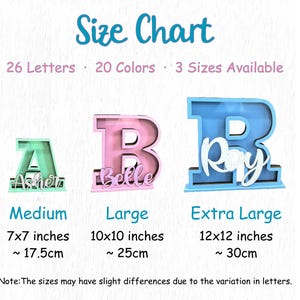 May include: Size chart for personalized wooden letters in three sizes: medium (7x7 inches, 17.5 cm), large (10x10 inches, 25 cm), and extra large (12x12 inches, 30 cm). The letters are shown in pink, blue, and green.