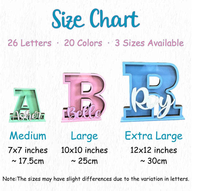 May include: Size chart for personalized wooden letters in three sizes: medium (7x7 inches, 17.5 cm), large (10x10 inches, 25 cm), and extra large (12x12 inches, 30 cm). The letters are shown in pink, blue, and green.