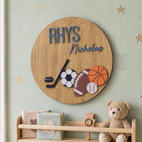 Custom 3D Sports Wooden Name Sign | Personalized Boys Nursery Wall Decor | Baby Shower Gift | Sports Collection Plaque