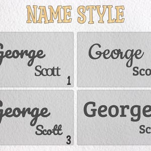May include: Image featuring four name style options for "George Scott." Each style is displayed on a rectangular, textured gray background. The text "NAME STYLE" is at the top in a decorative font. The numbers 1-4 are in the bottom right corners.