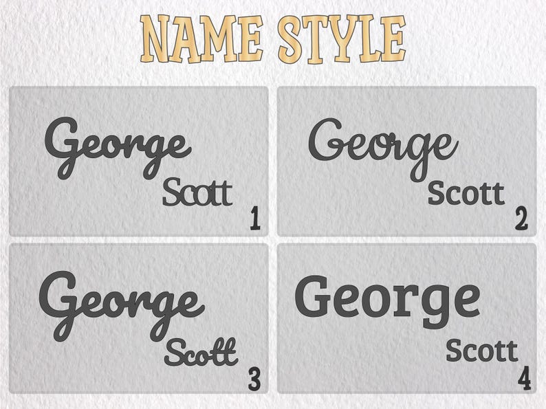 May include: Image featuring four name style options for "George Scott." Each style is displayed on a rectangular, textured gray background. The text "NAME STYLE" is at the top in a decorative font. The numbers 1-4 are in the bottom right corners.