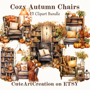 10 Cozy Autumn Chairs Clipart, Watercolor Fall Art, Quality Art, Digital Art, Commercial Use, Scrapbook, Junk Journal, Instant Download