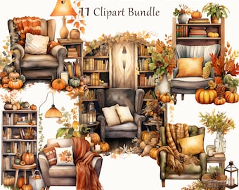 10 Cozy Autumn Chairs Clipart, Watercolor Fall Art, Quality Art, Digital Art, Commercial Use, Scrapbook, Junk Journal, Instant Download