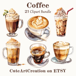 21 Coffee Clipart, Watercolor Coffee, Coffee Art, Digital Art, Commercial Use, Scrapbook, Junk Journal, Instant Download