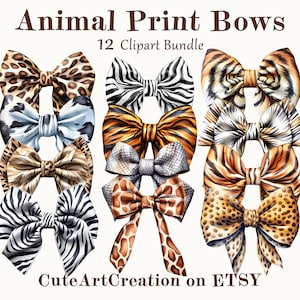 12 Animal Pattern Bow Clipart, Watercolor Bows, Quality Bow Art, Digital Art, Commercial Use, Scrapbook, Junk Journal, Instant Download