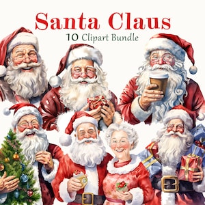 10 Christmas Santa Claus, Watercolor Santa Claus Art, Winter Art, Digital Art, Commercial Use, Scrapbook, Junk Journal, Instant Download
