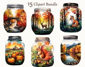 15 Autumn Jars View Clipart, Watercolor Fall Art, Quality Art,Fantasy Digital Art, Commercial Use, Scrapbook, Junk Journal, Instant Download