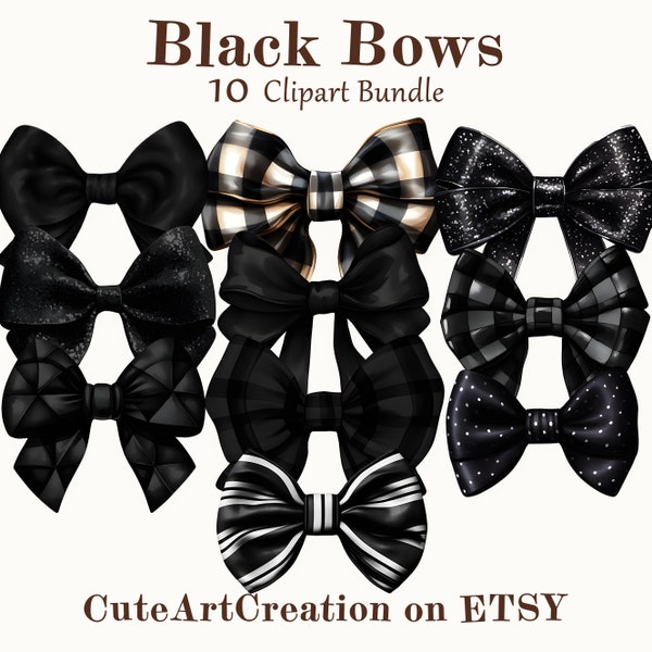 10 Black Bow Clipart, Watercolor Bows, Quality Black Pattern Bow Art, Digital Art, Commercial Use, Scrapbook, Junk Journal, Instant Download