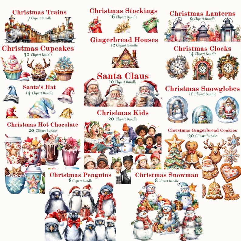 Big Bundle 200 Christmas Clipart, Holidays Watercolor, Quality Art, Digital Art, Commercial Use, Scrapbook, Junk Journal, Instant Download image 2