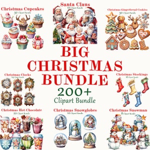 Big Bundle 200 Christmas Clipart, Holidays Watercolor, Quality Art, Digital Art, Commercial Use, Scrapbook, Junk Journal, Instant Download image 1