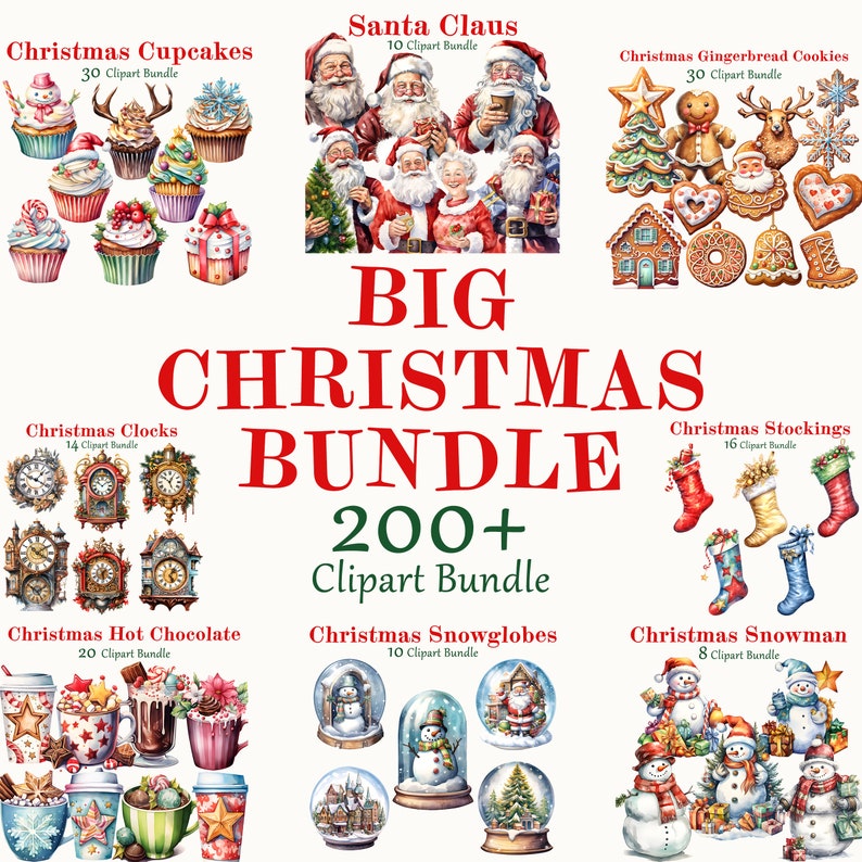 Big Bundle 200 Christmas Clipart, Holidays Watercolor, Quality Art, Digital Art, Commercial Use, Scrapbook, Junk Journal, Instant Download image 1