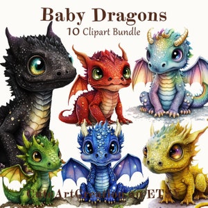 10 Baby Dragon Clipart, Watercolor Dragons, Quality Cute Dragon Art, Digital Art, Commercial Use, Scrapbook, Junk Journal, Instant Download