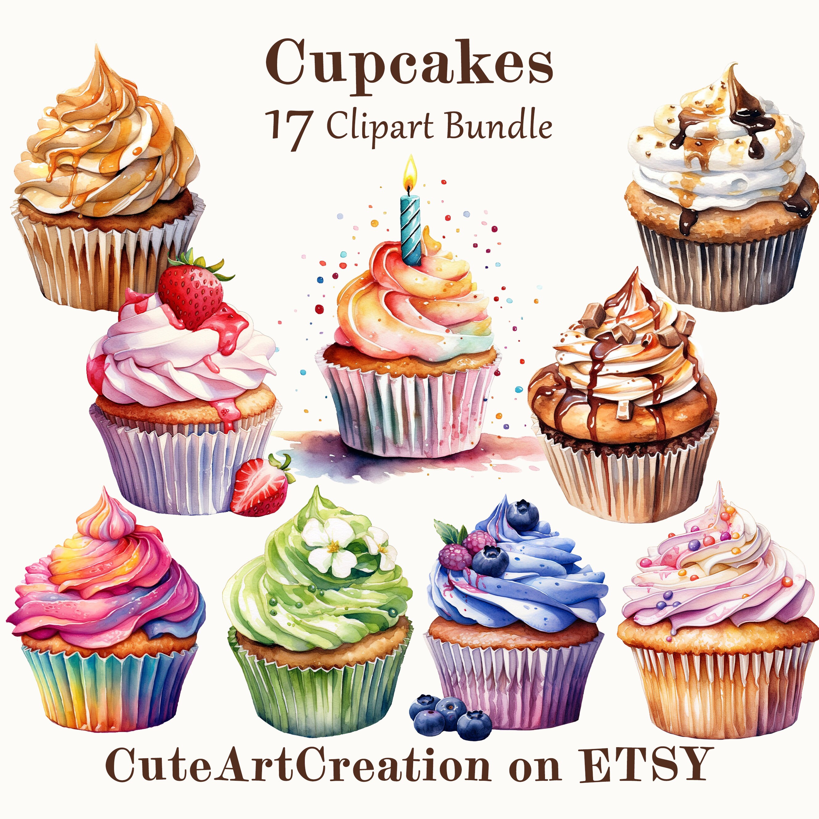 17 Cupcakes Clipart, Watercolor Cupcakes, Cupcake Art, Birthday Art ...