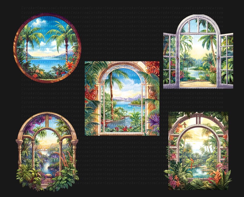 10 Tropical Paradise Window View Clipart, Watercolor Window, Clipart