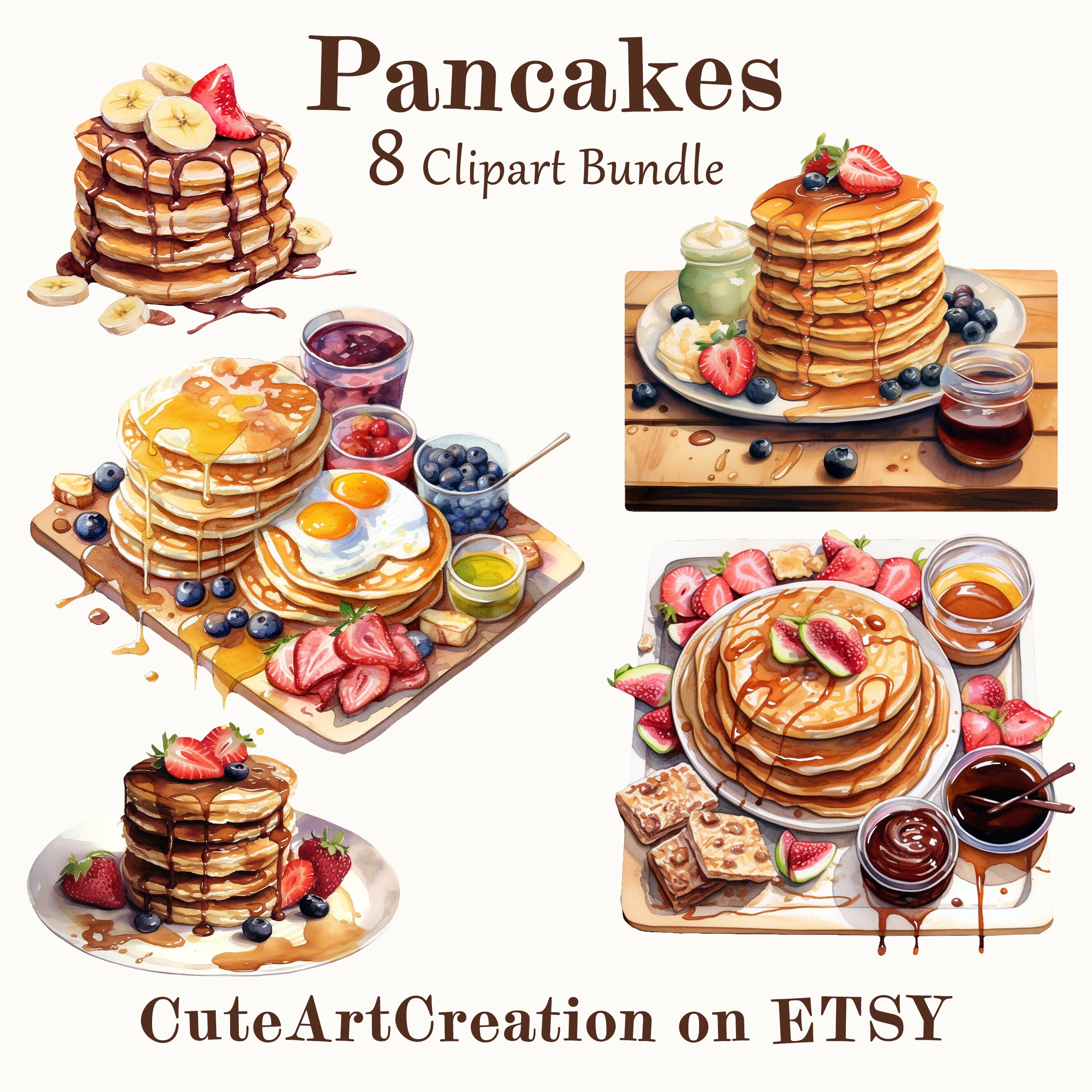 8 Pancakes Clipart, Pancakes dell'acquerello, Pancake Art, Pancake Boards, Arte digitale, Uso commerciale, Scrapbook, Junk Journal, Download istantane