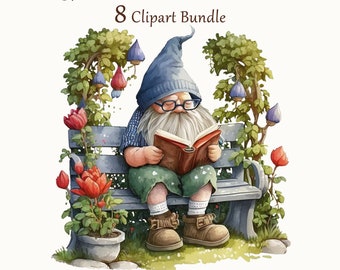 8 Garden Gnome Clipart, Watercolor Gnomes, Quality Garden Gnomes Art, Digital Art, Commercial Use, Scrapbook, Junk Journal, Instant Download