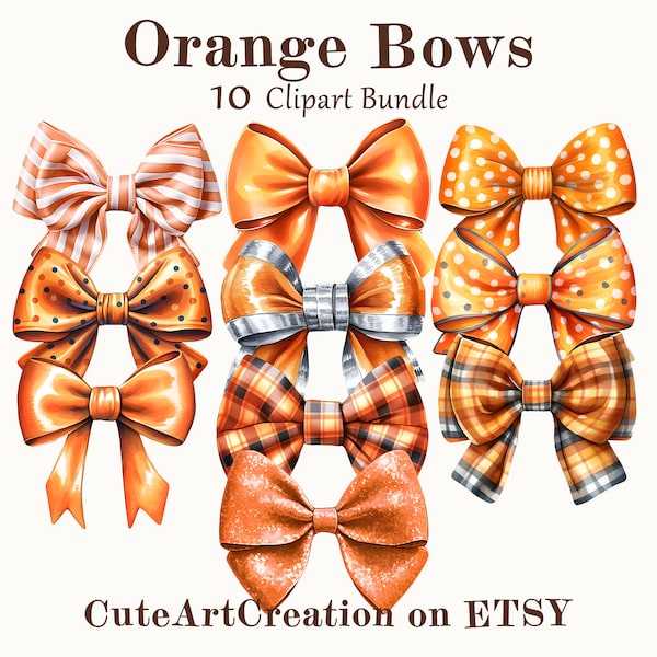 10 Orange Bow Clipart, Watercolor Bows, High Quality Orange Bow Art, Digital Art, Commercial Use, Scrapbook, Junk Journal, Instant Download