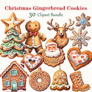 30 Christmas Gingerbread Cookies Clipart, Watercolor Art, Winter Digital Art, Commercial Use, Scrapbook, Junk Journal, Instant Download
