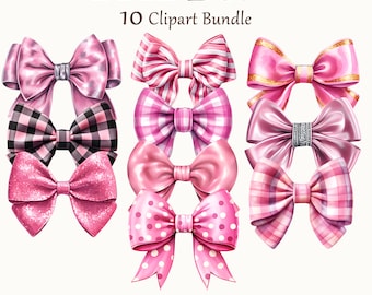 10 Pink Bow Clipart, Watercolor Bows, High Quality Pink Bow Art, Digital Art, Commercial Use, Scrapbook, Junk Journal, Instant Download