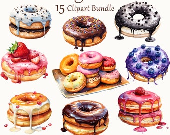 15 Doughnut Clipart, Watercolor Doughnuts, Doughnut Art, Dessert, Digital Art, Commercial Use, Scrapbook, Junk Journal, Instant Download