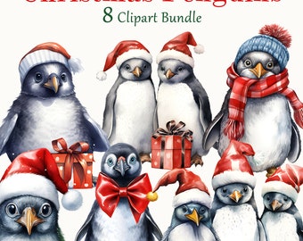 8 Christmas Penguin Clipart, Watercolor Penguins, Quality Winter Art, Digital Art, Commercial Use, Scrapbook, Junk Journal, Instant Download