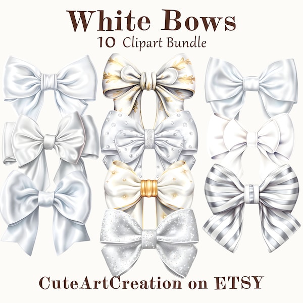 10 White Bow Clipart, Watercolor White Bows, Bows Art, Digital Art, Commercial Use, Scrapbook, Junk Journal, Instant Download