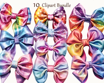 10 Rainbow Bow Clipart, Watercolor Mermaid Bows, Bows Art, Digital Art, Commercial Use, Scrapbook, Junk Journal, Instant Download