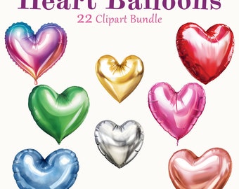 22 Heart Balloons Clipart, Watercolor Valentines, Balloon Heart Art, Digital Art, Commercial Use, Scrapbook, Junk Journal, Instant Download