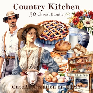 30 Country Style Kitchen Clipart, Watercolor, Vintage Farm Cooking, Digital Art, Commercial Use, Scrapbook, Junk Journal, Instant Download