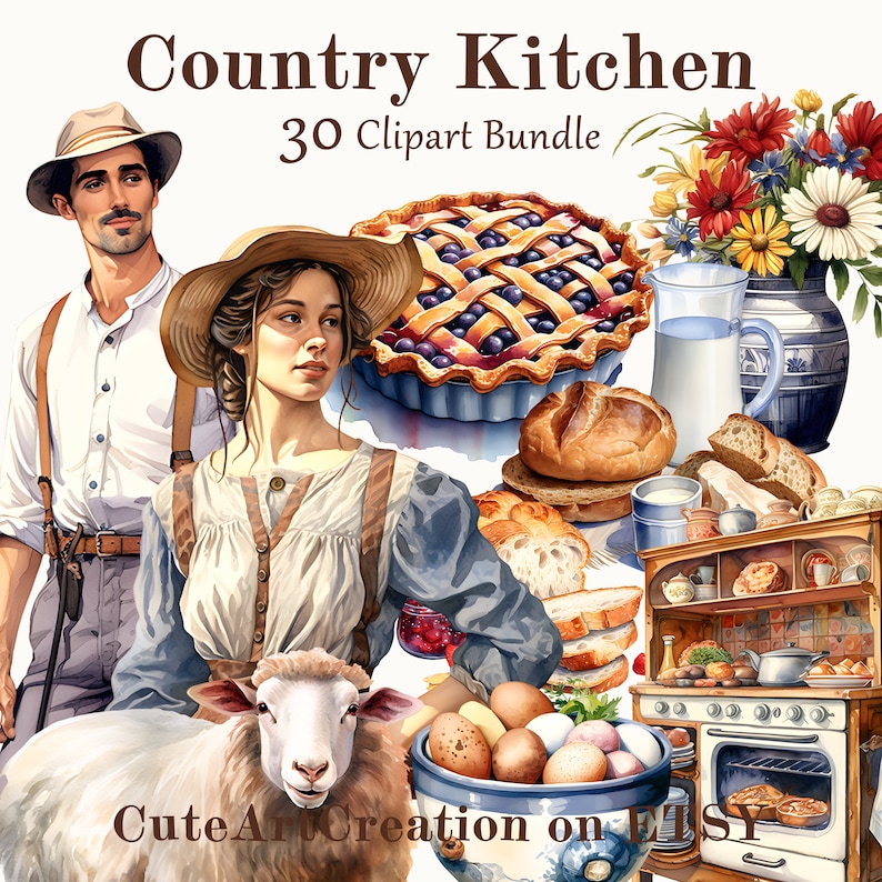 30 Country Style Kitchen Clipart, Watercolor, Vintage Farm Cooking