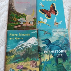 May include: Four vintage National Audubon Society Nature Program books with colorful illustrations. The books cover topics like mushrooms, insects, rocks and gems, and prehistoric life.