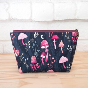 Mushroom Large Zipper Pouch, Cosmetic Pouch, Handmade Zipper Bag, Project Bag, Magical Mushrooms, Pink, Moth, Moon Pouch, Celestial