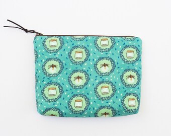 Quilted Zipper Pouch, Teal Fireflies Fabric, Medium Cosmetic Bag