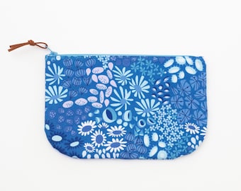 Blue Floral Zipper Pouch, Women's Toiletry Bag, Travel Organizer