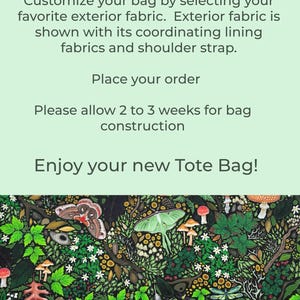 Może przedstawiać: Obraz zawiera tekst &bdquo;Made to Order&rdquo; i &bdquo;Enjoy your new Tote Bag!&rdquo;. Dolna część obrazu przedstawia kolorowy wz&oacute;r element&oacute;w leśnych, w tym motyli, grzyb&oacute;w i liści.