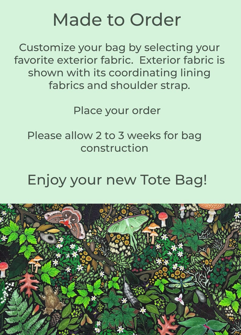 Może przedstawiać: Obraz zawiera tekst &bdquo;Made to Order&rdquo; i &bdquo;Enjoy your new Tote Bag!&rdquo;. Dolna część obrazu przedstawia kolorowy wz&oacute;r element&oacute;w leśnych, w tym motyli, grzyb&oacute;w i liści.