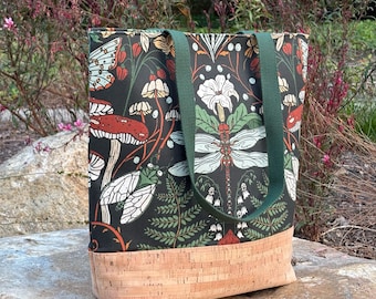 Woodland Canvas Tote Bag, Cork Base, Shoulder Strap, Everyday Tote, Project Bag