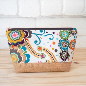 Floral Zipper Pouch, Handmade Cork Bottom Cosmetic Bag