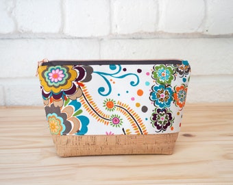 Floral Zipper Pouch, Handmade Cork Bottom Cosmetic Bag