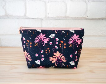 Floral Cosmetic Zipper Pouch, Large Handmade Travel Bag