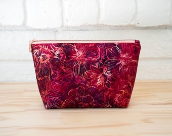 Handmade Batik Zipper Pouch, Red Floral Cotton Makeup Bag
